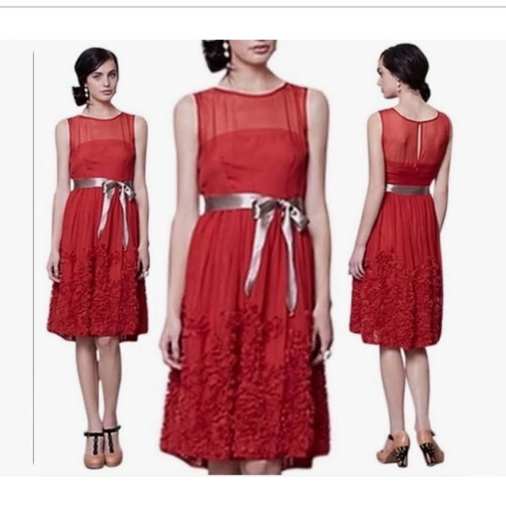 TINY Anthropologie red sleeveless sheer ribbon ruffle cocktail dress size 4